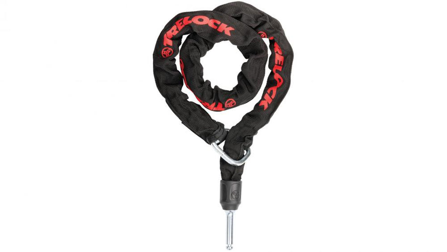 TRELOCK Plug-In-Kette ZR 355, flexibles schwarzes Kettenschloss mit rotem TRELOCK-Logo und Stecker für Rahmenschloss.