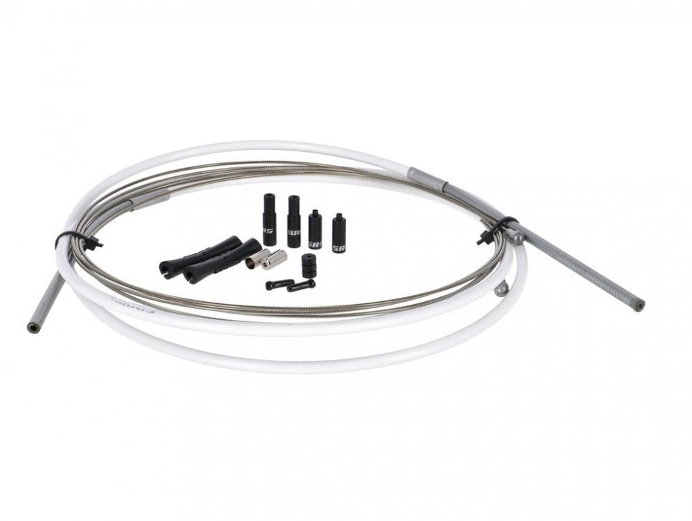 SRAM SlickWire Schalt-/Bremskabel-Kit Standard 5mm weiß mit Hüllen, Zügen und Kleinteilen auf weißem Hintergrund.