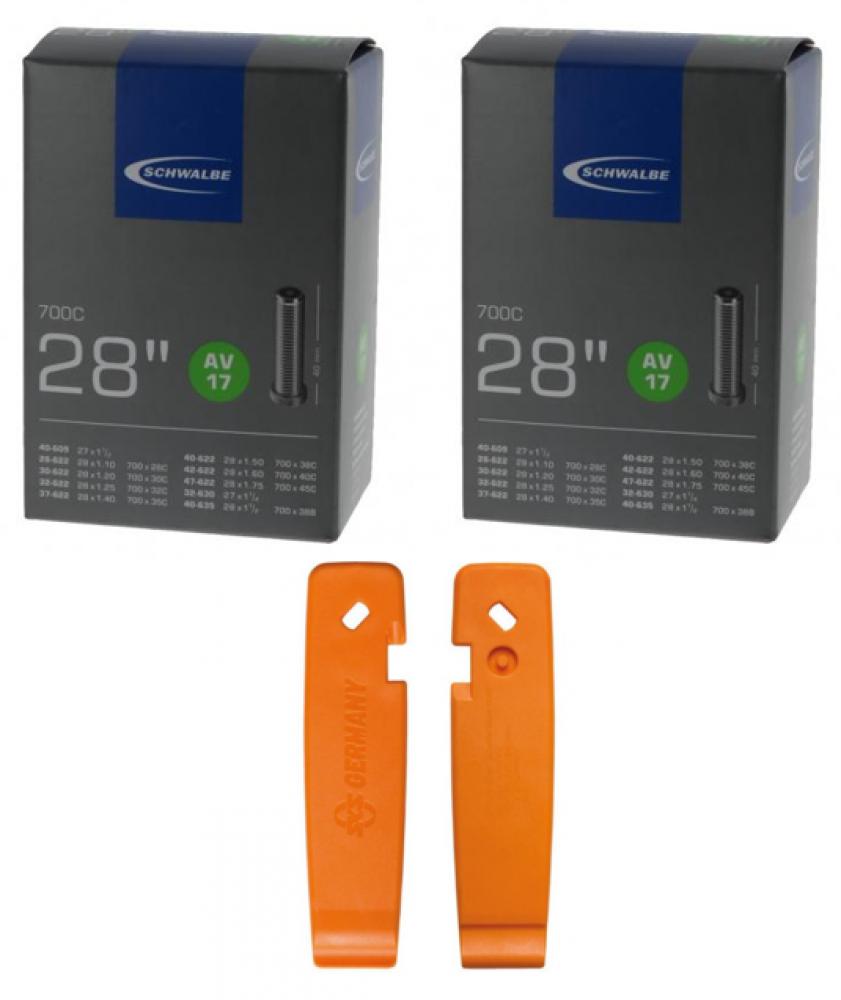 Schwalbe Schlauch AV17 28 Zoll (28/47-622/635) und orange SKS Reifenheber-Set (3 Stück)