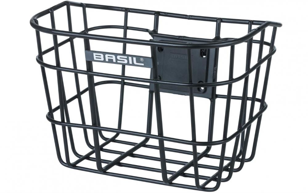 Schwarzer Basil Bremen Alu Fahrradkorb vorne mit Lenkerhalterung, abnehmbar.