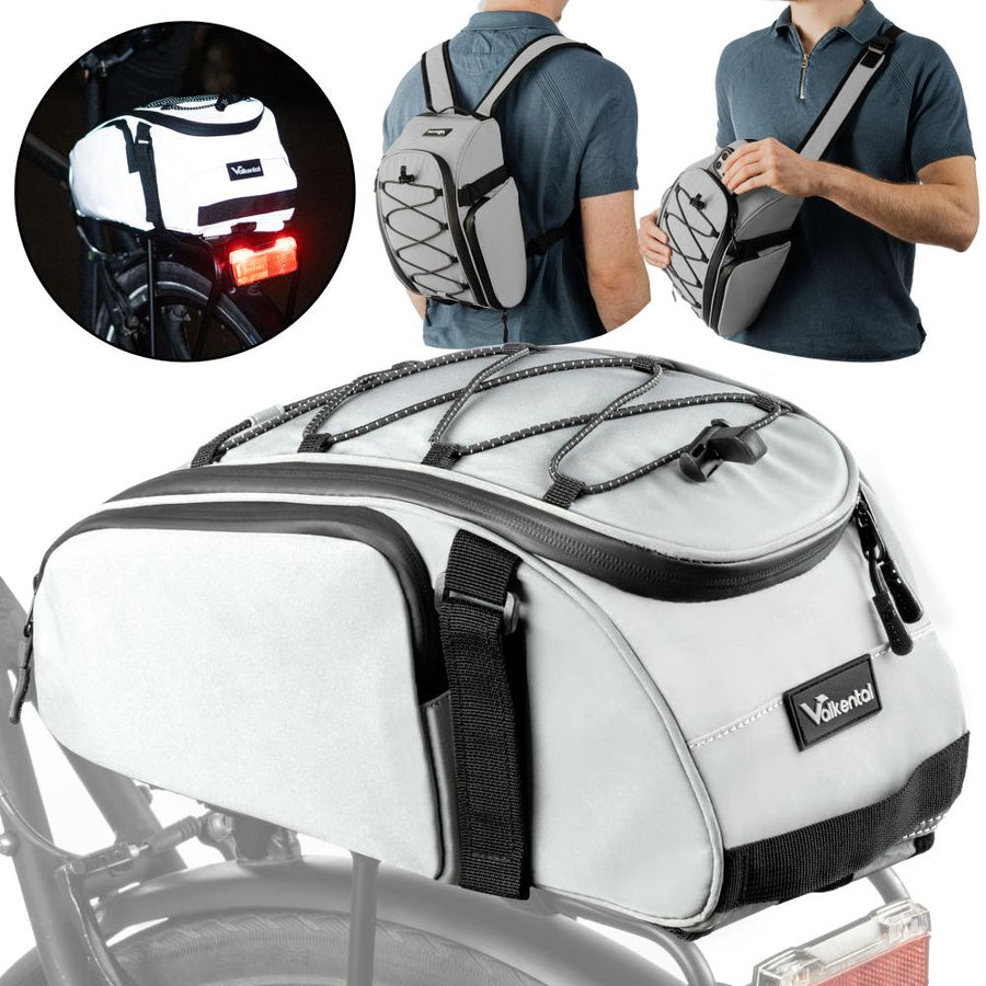 Valkental reflektierende Gepäckträgertasche mit Rucksackfunktion auf Fahrrad, als Rucksack und Umhängetasche.