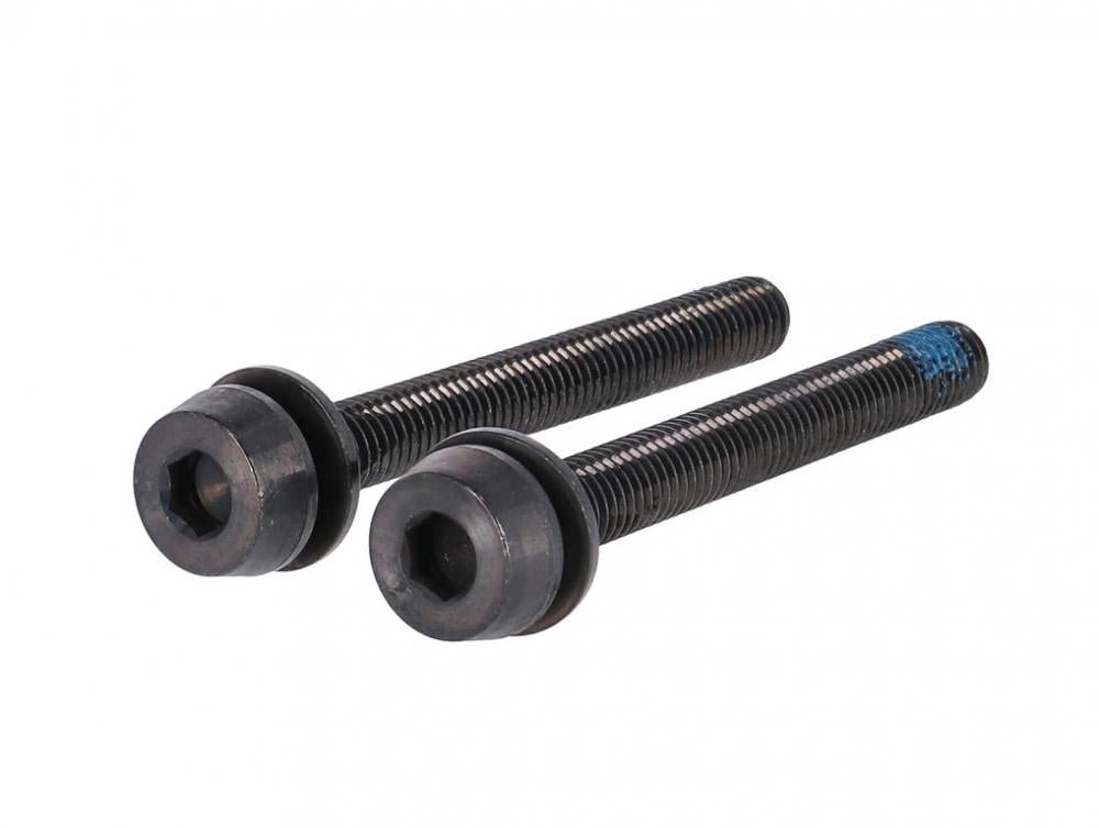 Zwei schwarze Campagnolo H11 Schrauben für Scheibenbremse hinten, eine mit blauer Gewindesicherung.