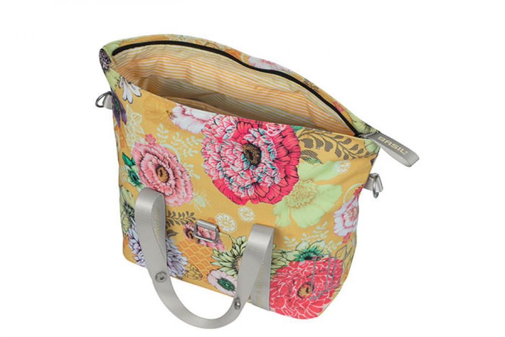 Basil Schultertasche Bloom Field honiggelb mit bunten Blumen, offen, gestreiftes Futter, graue Griffe, KF-HOOK System