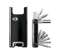 Crankbrothers F15 Fahrrad Multitool schwarz-silber, als geschlossenes Gehäuse und geöffnetes Werkzeug dargestellt.