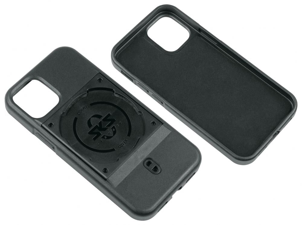 SKS COMPIT Cover iPhone 13 mini: Robuste schwarze 2K-Schutzhülle mit COMPIT-Halterung in zwei Produktansichten.