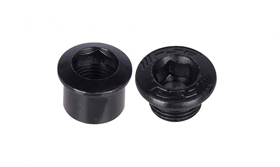 Zwei schwarze FSA Kettenblattschrauben M8x0,75P aus Edelstahl für E-Bikes.