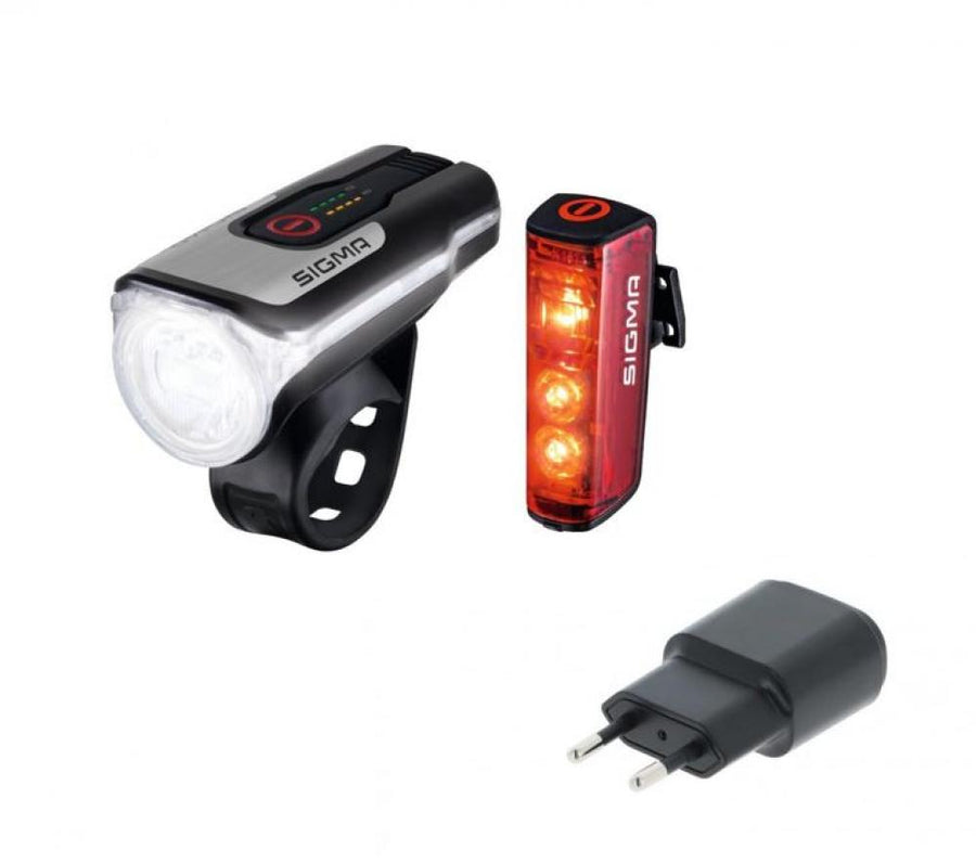 Sigma Aura 80 USB Blaze Fahrradlicht Set: LED Frontlicht, Rücklicht, akkubetrieben, StVZO, USB-Ladestecker.
