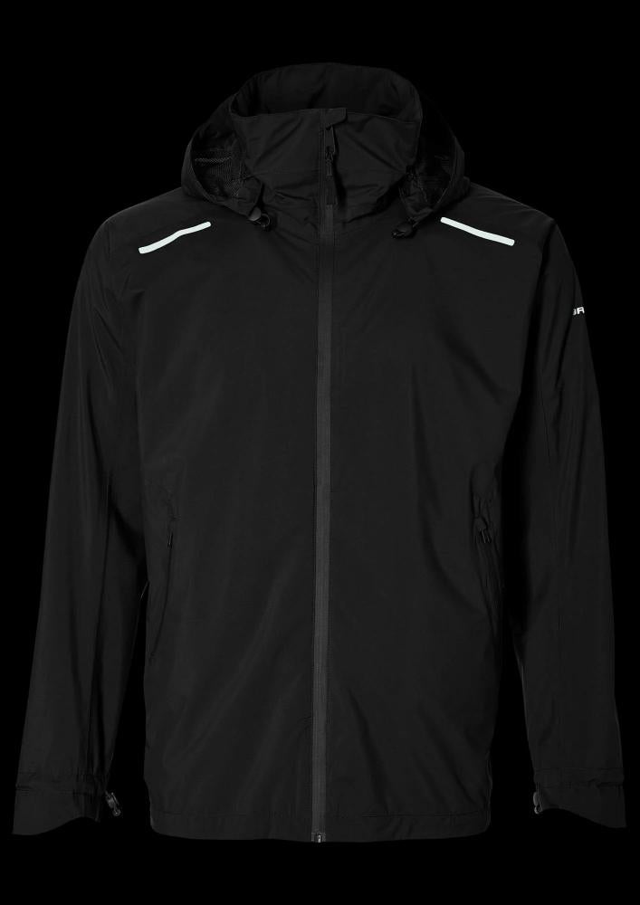 Schwarze, wasserdichte Basil Skane Herren Regenjacke mit reflektierenden Details und Kapuze.
