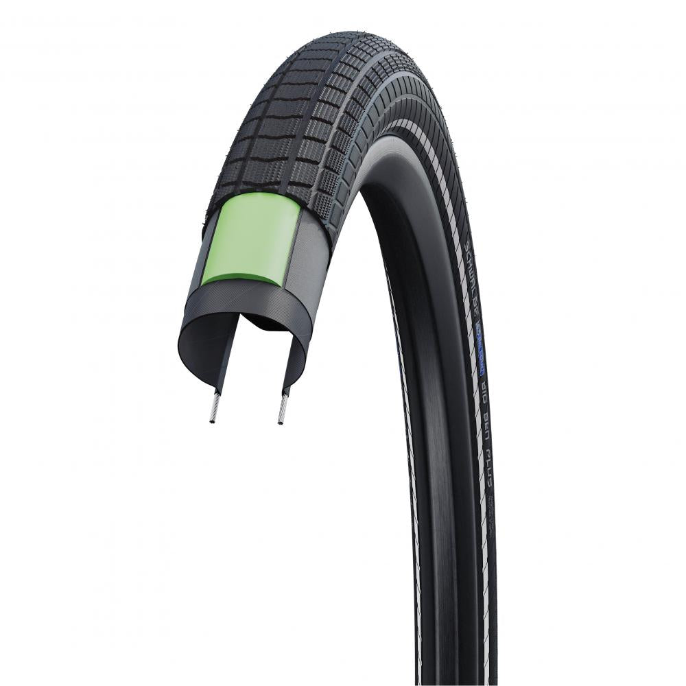Schwalbe Big Ben Plus 20 Zoll Fahrradreifen mit grünem GreenGuard Pannenschutz und ADDIX Compound im Querschnitt.