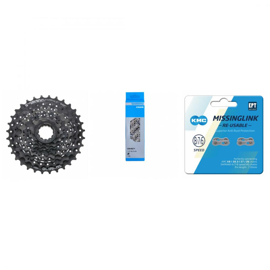 Shimano Antriebsset: CS-HG31 8-fach Kassette (11-32T), CN-HG71 Kette & KMC MissingLink für 8-Gang Fahrräder.