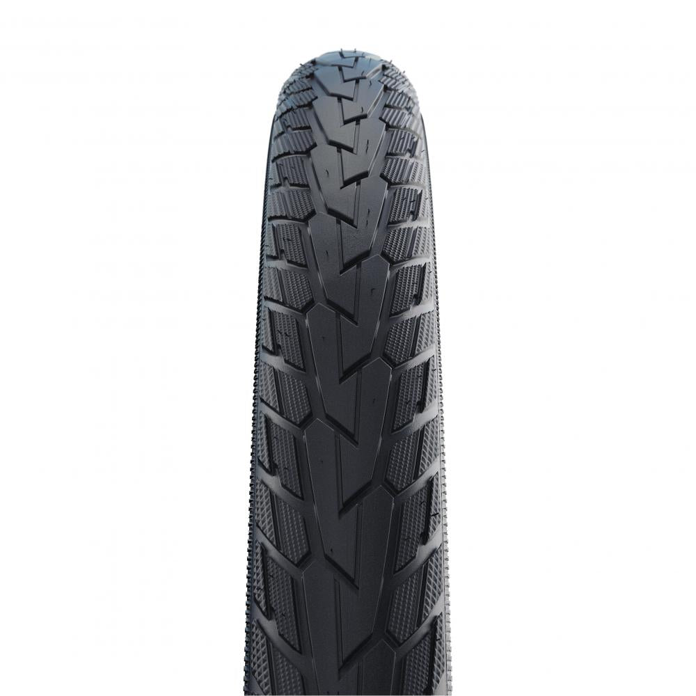Nahaufnahme des Schwalbe Road Cruiser 16x1.75 Fahrradreifens mit HS484 Profil, Green Compound und K-Guard Schutz.