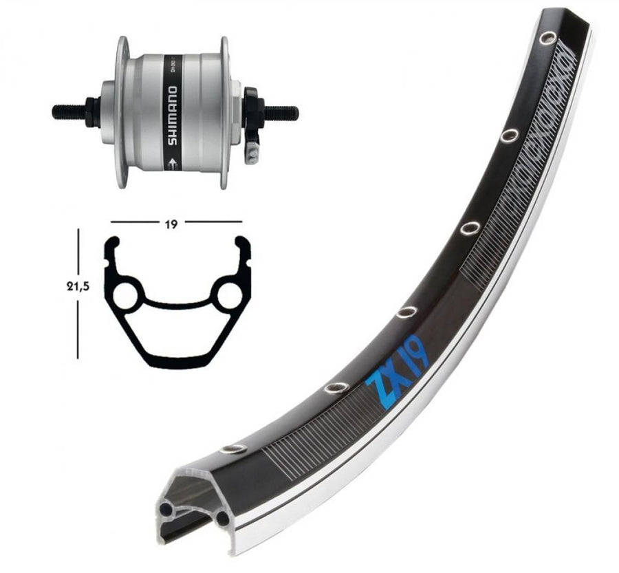 26 Zoll Vorderrad mit Shimano DH-3N20 Nabendynamo, Exal ZX 19 Felge schwarz/silber, Festachse.