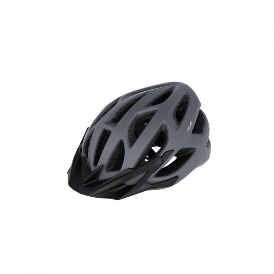 XLC Fahrradhelm BH-C33 Gr. 58-62cm, grau mit schwarzem Visier, auf weißem Hintergrund.