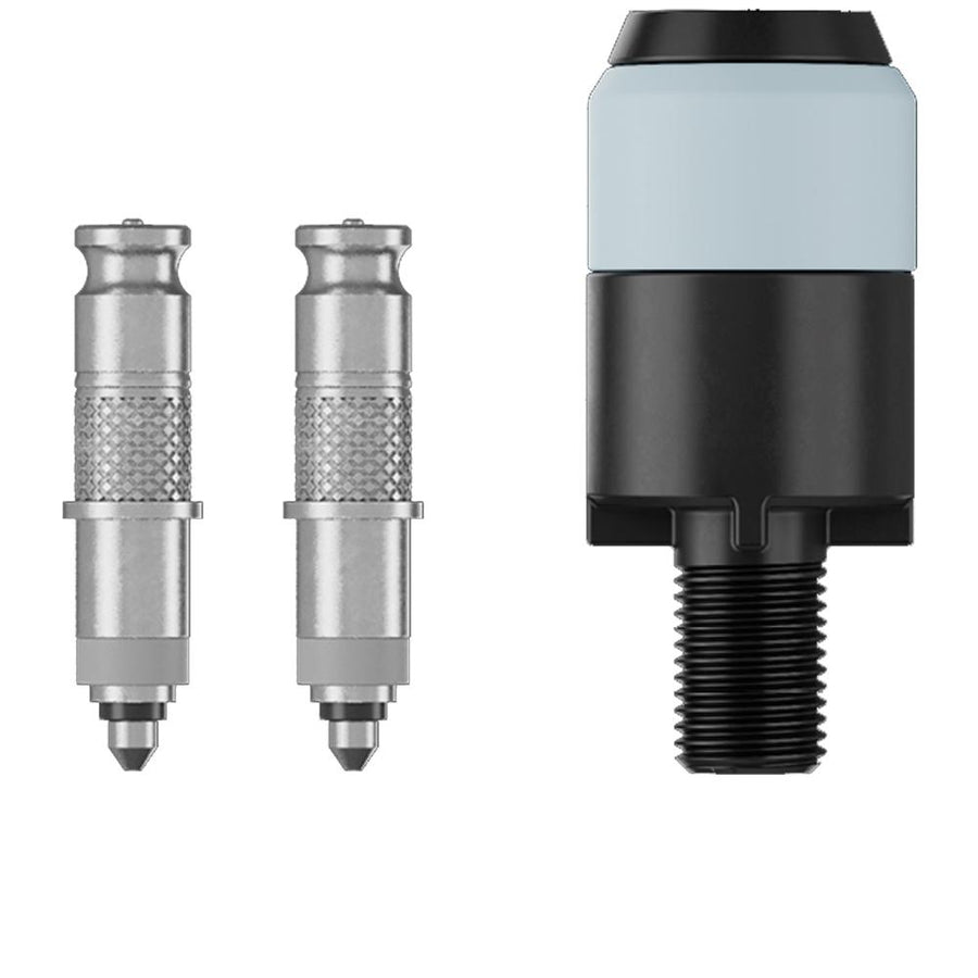 Schwalbe CLIK VALVE DV-SCV Umrüstset mit zwei silbernen Ventileinsätzen und einem schwarzen Klick-Adapter.