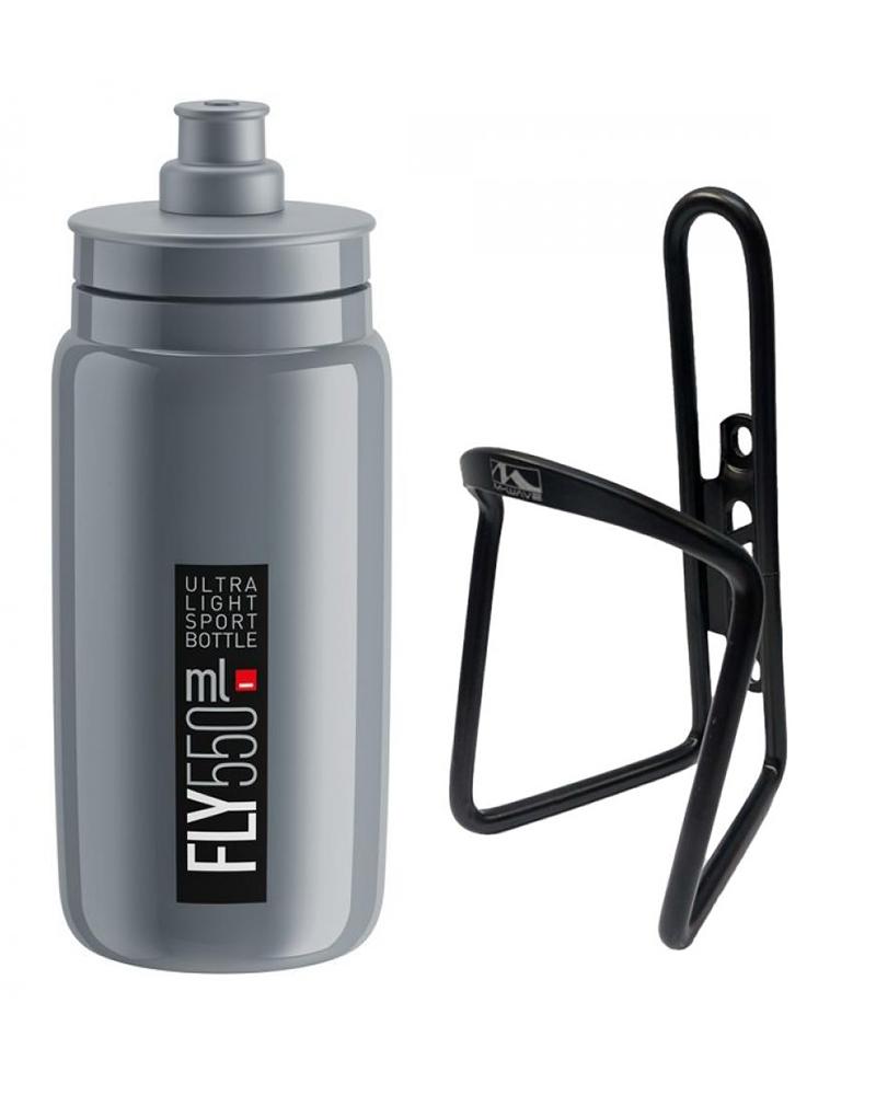 Elite Trinkflasche grau FLY 550ml und M-Wave Flaschenhalter schwarz für Fahrräder