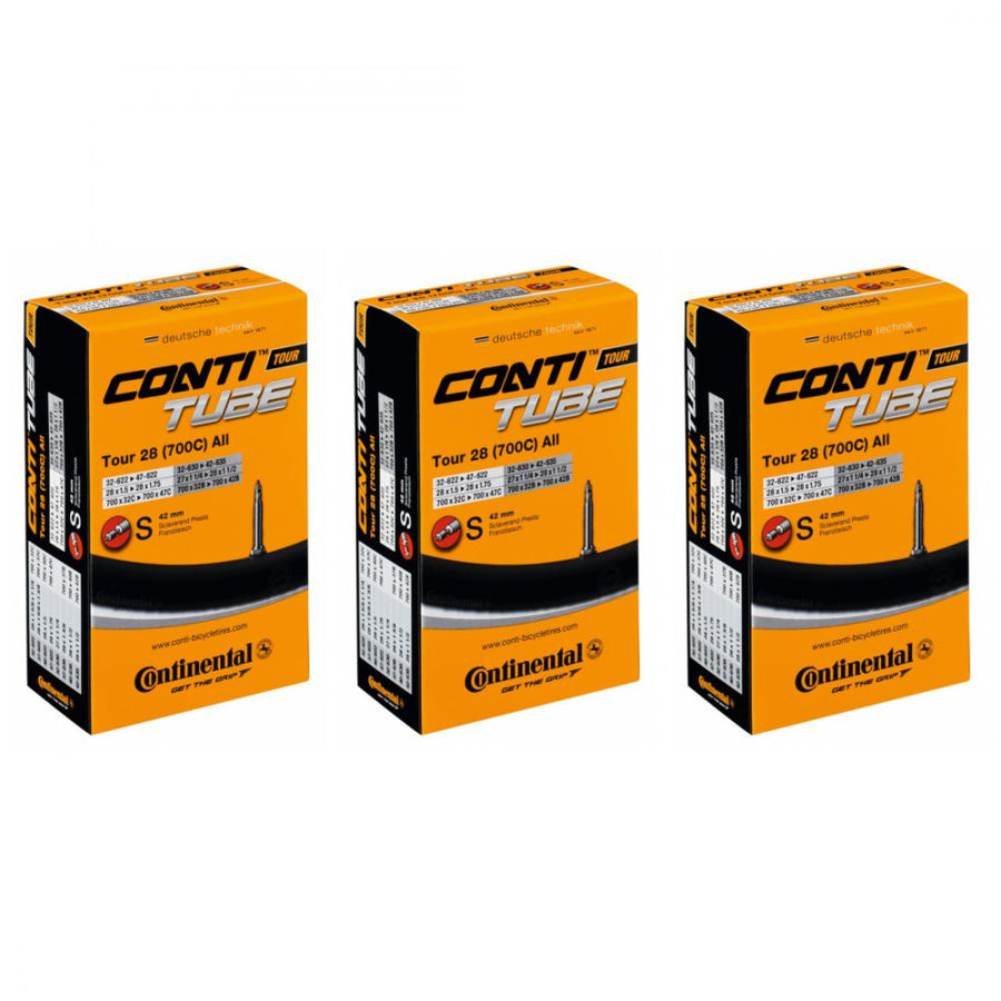 Drei Continental Conti Tour 28 All Fahrradschläuche 27/28x1 1/4-1.75 in orange-schwarzen Verpackungen.