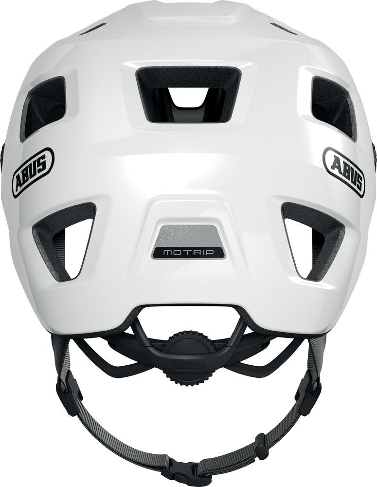 ABUS MoTrip MTB Fahrradhelm in glänzendem Weiß, mit In-Mold, Zoom Spin Verstellsystem, Visier und hoher Schutzpassform.
