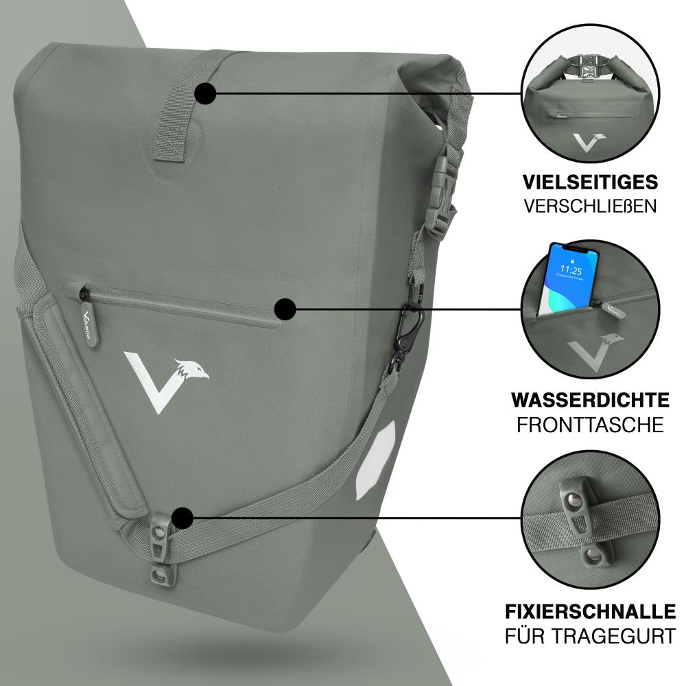 Valkental Gepäckträgertasche ValkOcean Seegras in Grau mit wasserdichter Fronttasche und vielseitigem Verschluss.