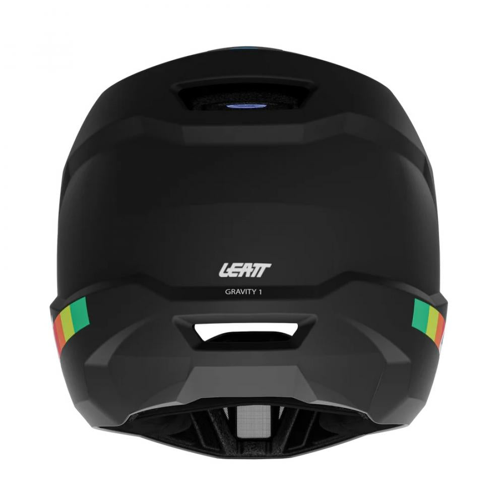 Schwarzer Leatt MTB Gravity 1.0 Fahrradhelm Größe XS, Rückansicht mit rot-gelb-grünen Streifen.