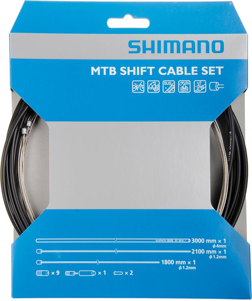 Shimano MTB Schaltzug-Set Edelstahl 3000 mm in blauer Verpackung mit schwarzen Außenhüllen und silbernen Zügen.