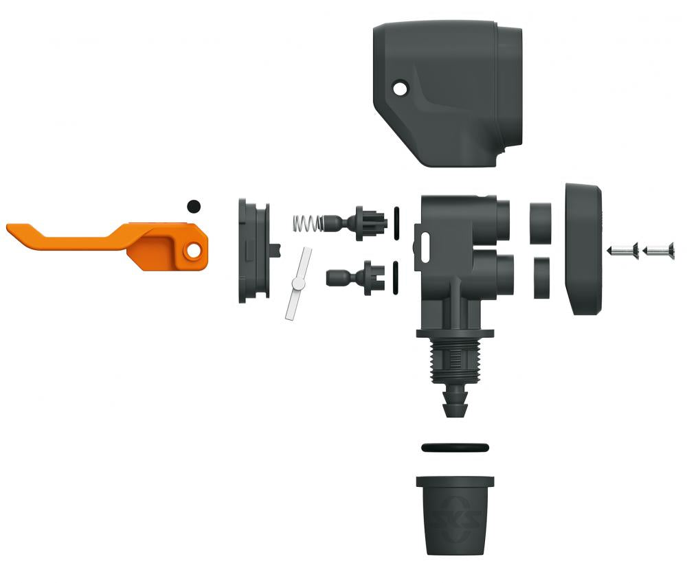 SKS MV EASY Pumpenkopf Adapter zerlegt, mit orangefarbenem Feststellhebel für alle Ventilarten.