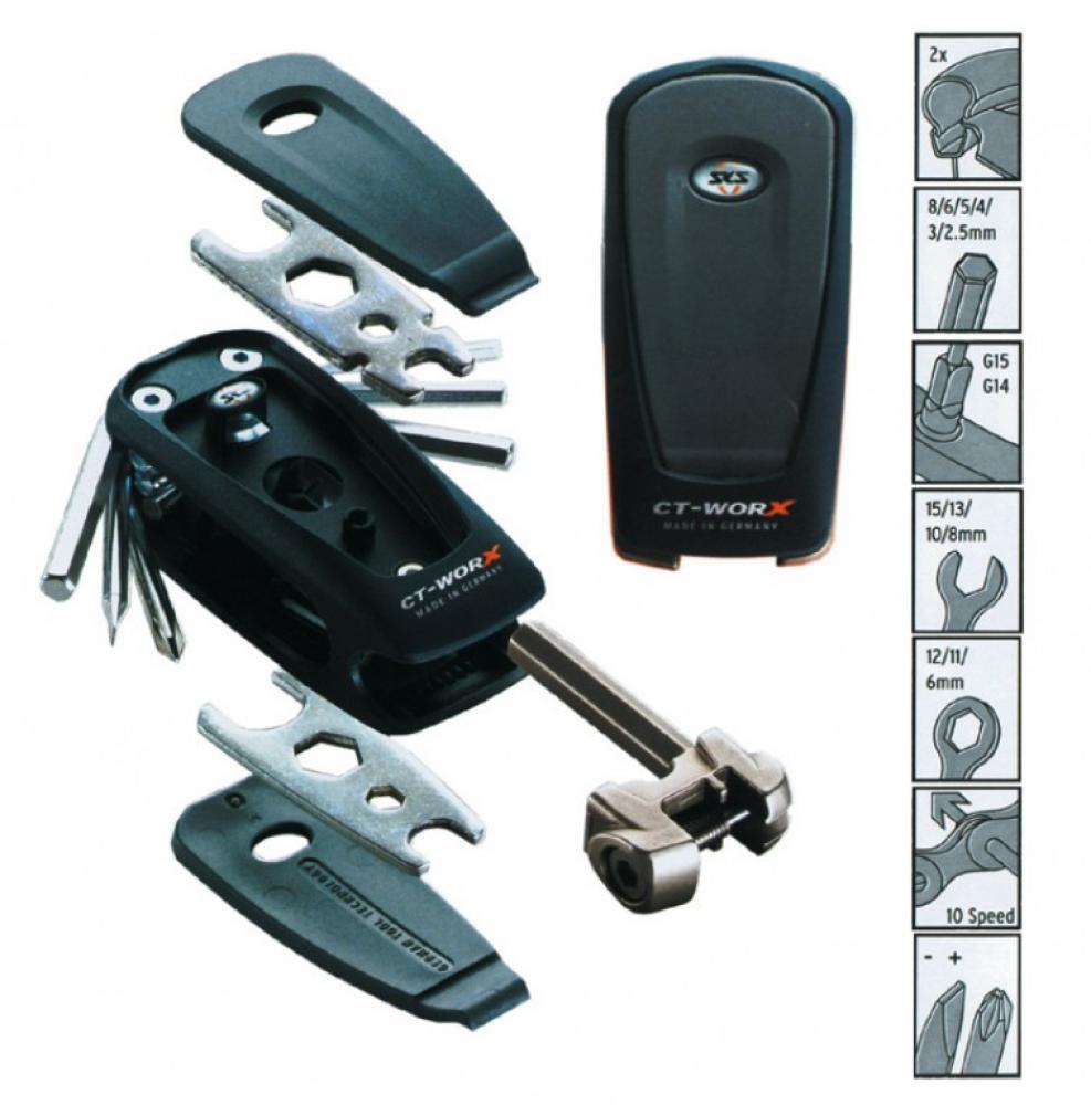 SKS Germany Multitool CT-Worx 20 Funktionen - Kompaktes Fahrradwerkzeug mit Innensechskant, Torx, Schraubendrehern, Kettennieter und Speichenschlüssel für unterwegs