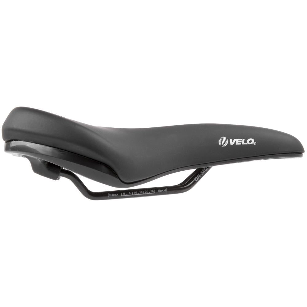 Schwarzer Velo E-Bike Sattel Velo-Fit E1 XXL mit CrMo-Gestell und Velo Logo, seitliche Ansicht.