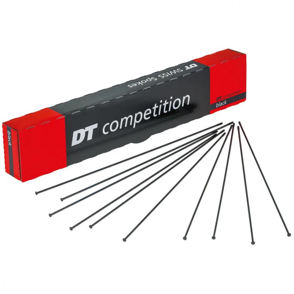 Schwarze DT SWISS Competition Fahrradspeichen, 100 Stück, lose und im Karton.