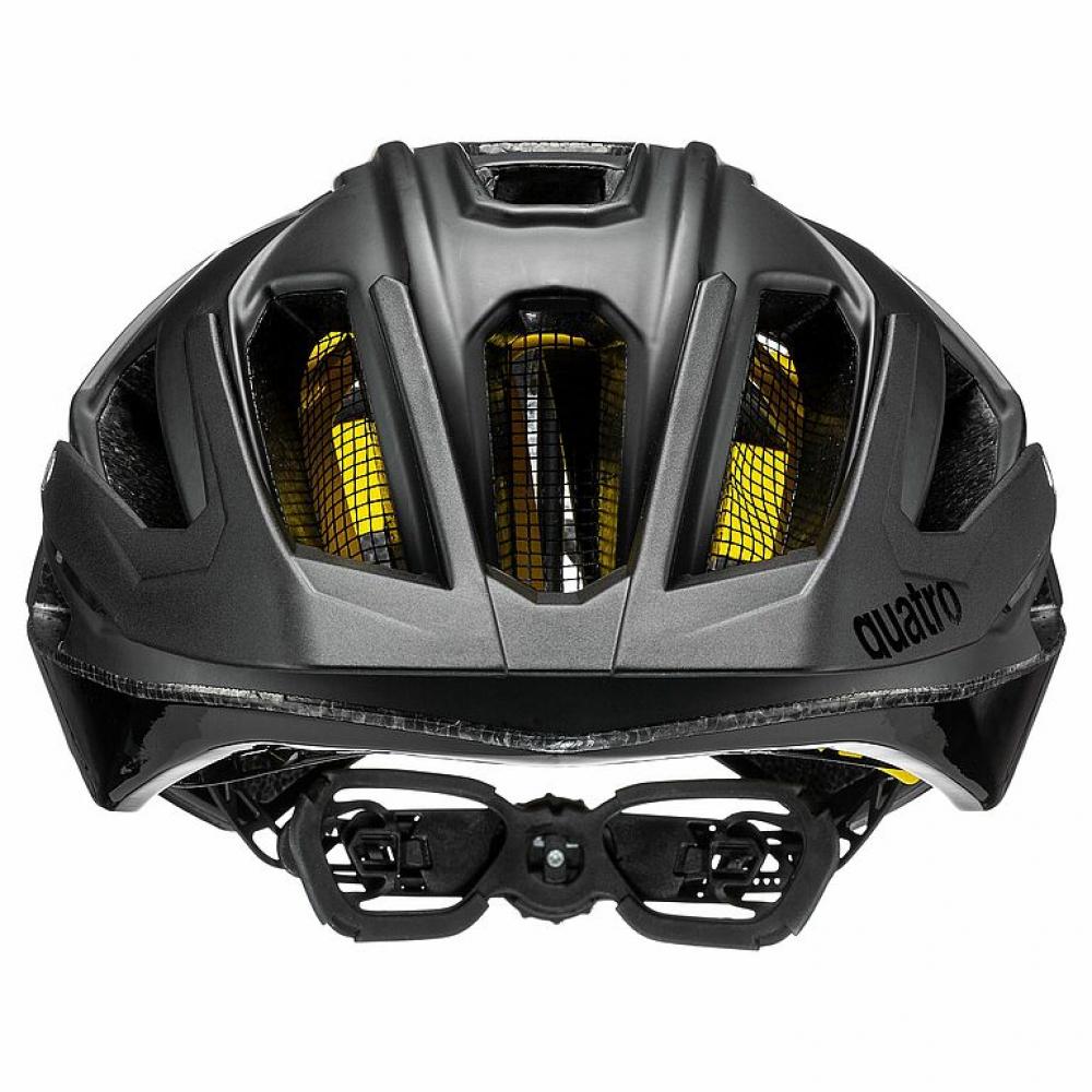 Rückansicht des uvex Quatro cc MIPS MTB-Helms in mattem Schwarz, mit Belüftungssystem und quattro-Logo.