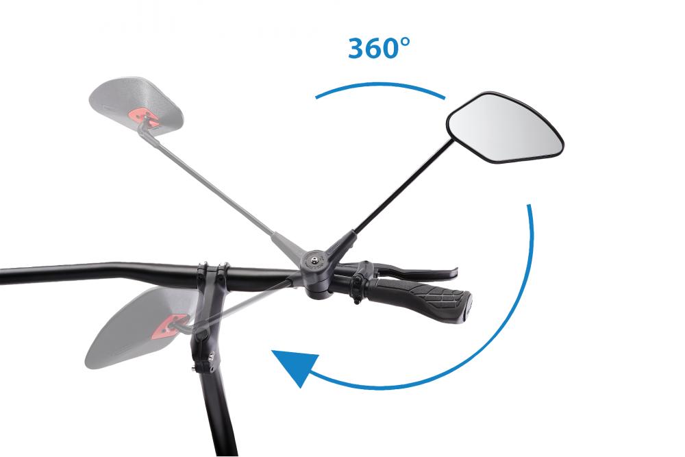 Schwarzer Krampe Fahrradspiegel mit großer Außenklemmung, 360 Grad verstellbar am Fahrradlenker.