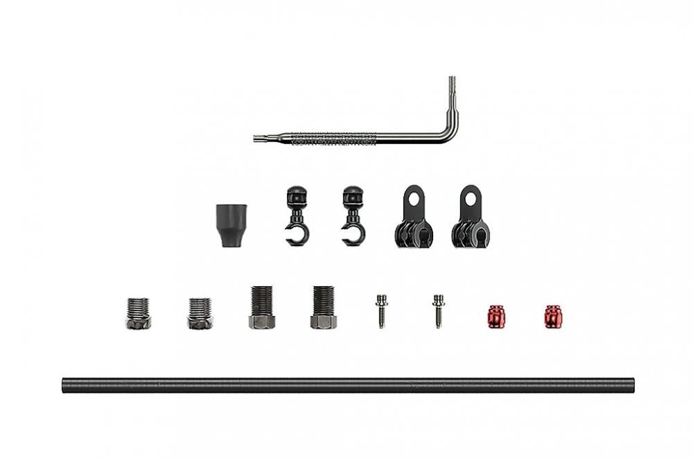 SRAM Hydraulikleitung Kit für Fahrradbremsen: Werkzeug, Schrauben, Kappen und Leitung für zuverlässige Bremsleistung.