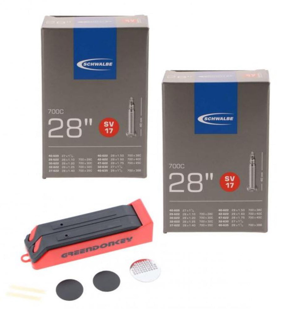 Schwalbe 2x Fahrradschlauch SV17 28 Zoll mit Greendonkey Reifenheber und Flickzeug-Set.