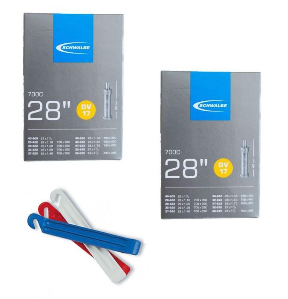 Zwei Schwalbe Fahrradschläuche DV17 28 Zoll 700C und 3er Reifenheber Set blau, weiß, rot.