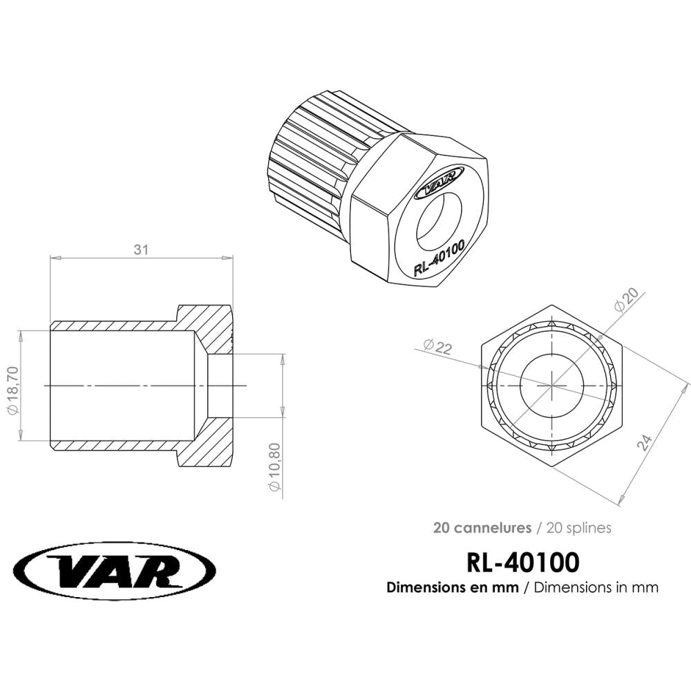 Technisches Datenblatt: VAR Freilaufkörperabzieher RL-40100-C für Regina, Zeus, Atom mit Maßen und 20 Splines.