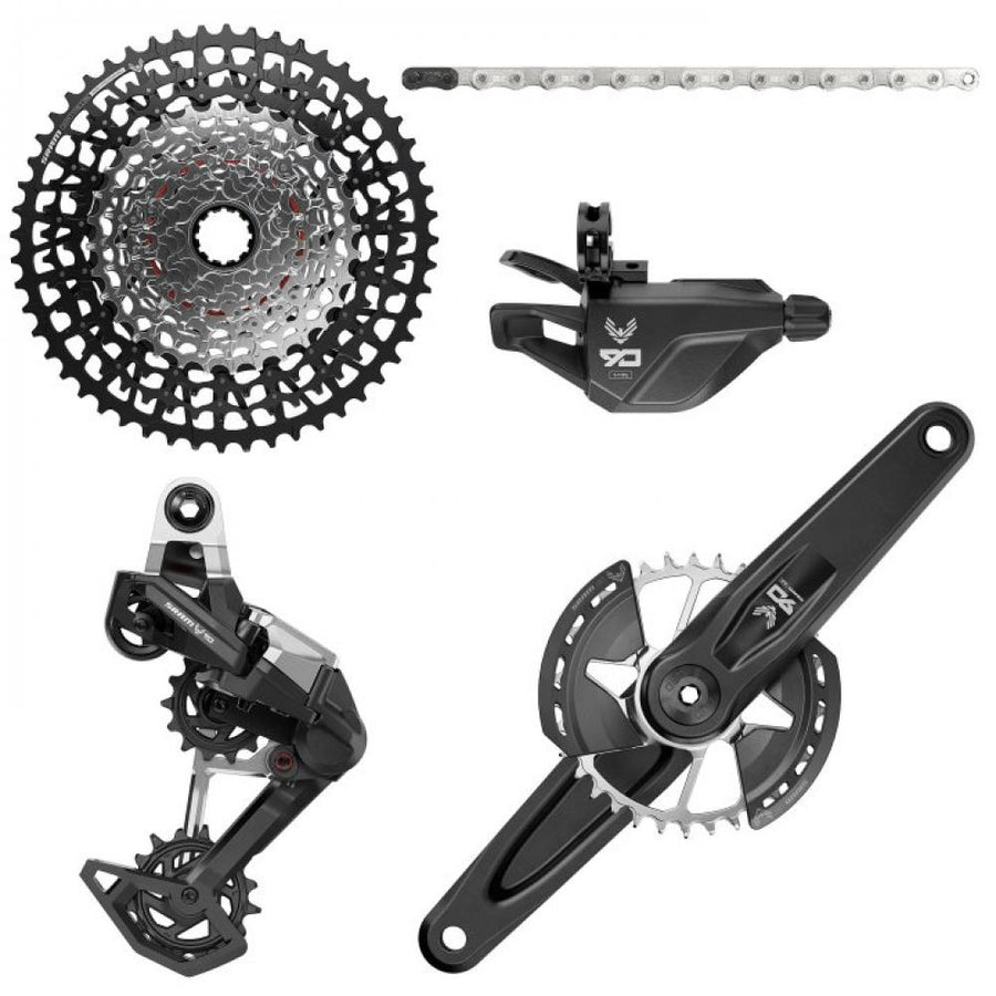 SRAM Eagle 90 T-Type MTB Schaltgruppe: Kurbel 165mm, Kassette, Kette, Schaltwerk, Schalthebel. Robuste Transmission.