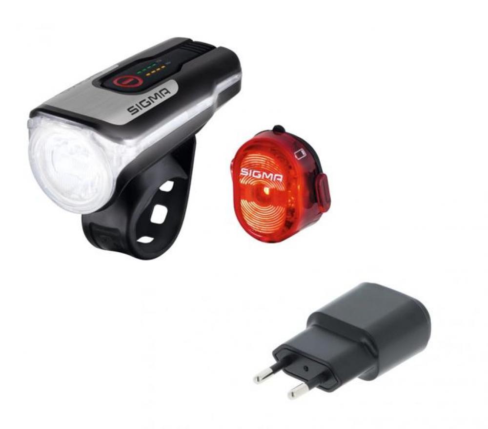 Sigma Aura 80 USB & Nugget II StVZO LED-Akku-Fahrradlicht-Set mit USB-Ladestecker.