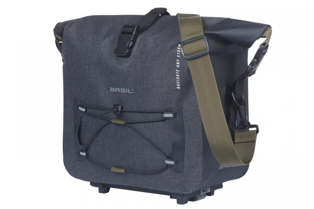 Basil Navigator Storm Trunkbag MIK 13L, wasserdichte Gepäckträgertasche mit MIK-Adapterplatte in Schwarz.