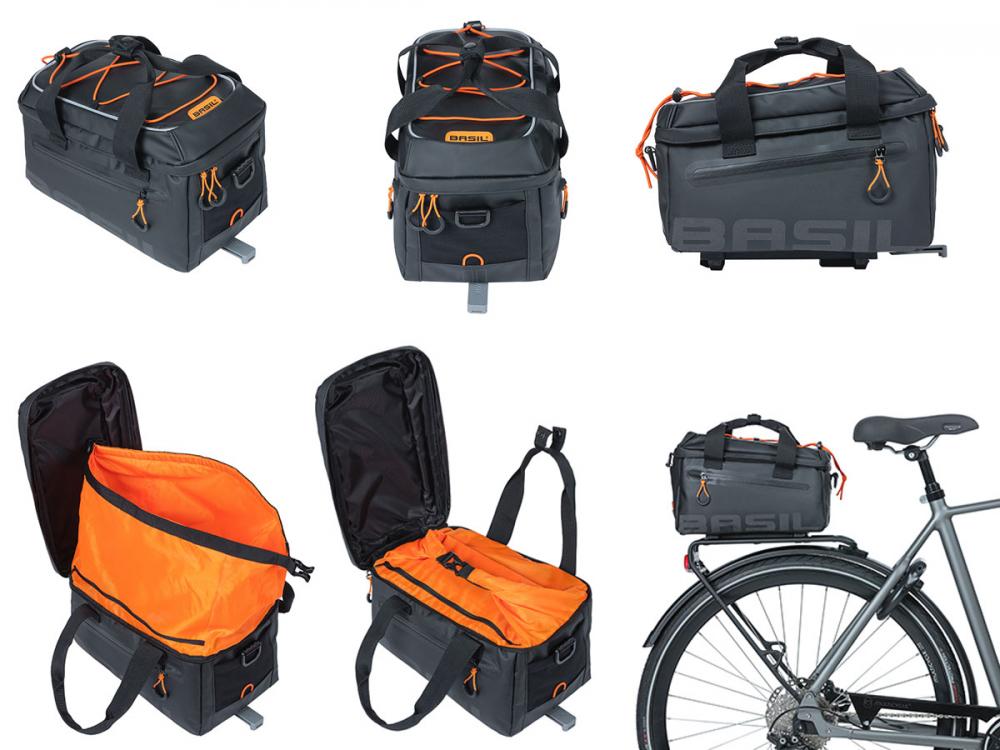 Basil Gepäckträgertasche Gepäckträgertasche Miles Tarpaulin MIK 2.0 - 7 Liter - wasserdicht schwarz-orange mit MIK-Adapterplatte