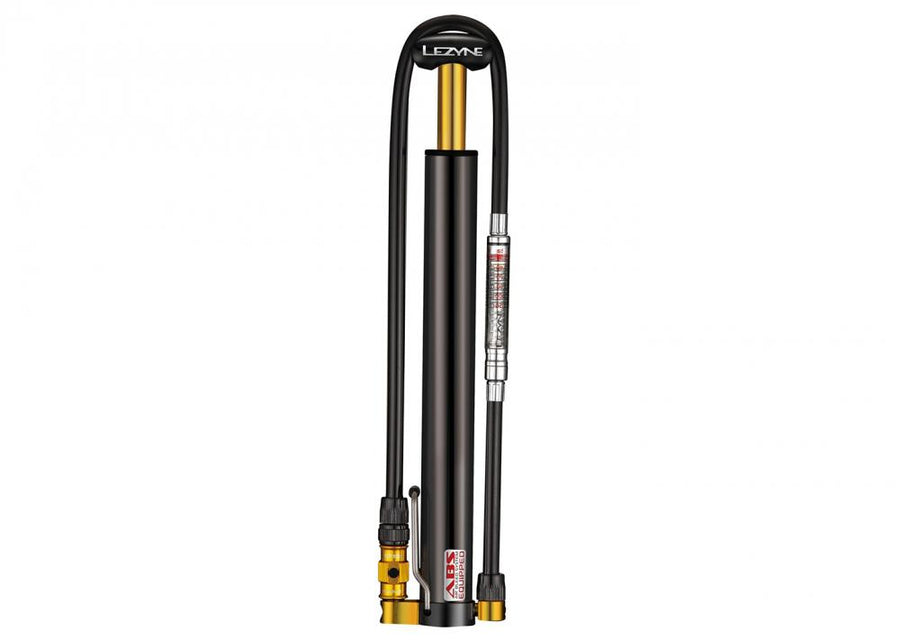 LEZYNE, Pumpen, High-End Minipumpe, CNC Micro Floor Drive HVG, schwarz, Aluminium, mit Druckanzeige, ABS Flip Thread Chuck Ventilaufsatz, max. Druck 90psi / 6,2 bar, Größe 30cm, Gewicht 194g
