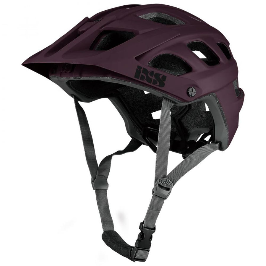 iXS Trail EVO Fahrradhelm in mattem Burgunderrot, robustes Design für Mountainbiker mit Visier und Riemen.