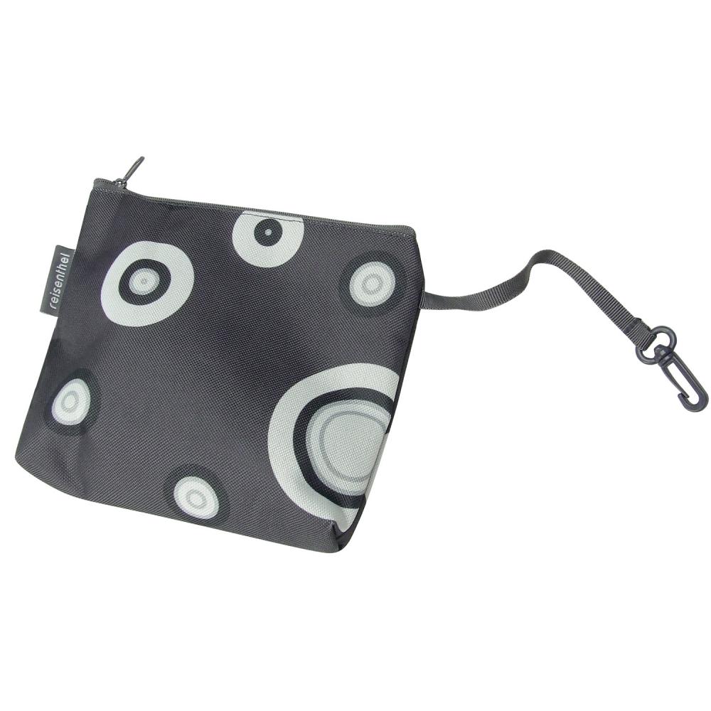 Reisenthel KLICKfix Fahrradtasche anthrazit mit Kreismuster und Karabiner.