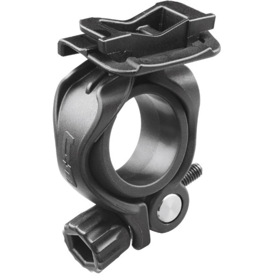 Schwarze Busch + Müller Halterung für IXON Core Fahrradlampe, Lenkeradapter mit Schnellverschluss.