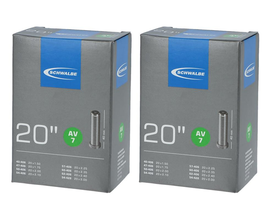 Schwalbe Fahrradschlauch AV7, 20 Zoll, Autoventil 40mm, 2er-Pack für breite Reifen 1.50-2.50 (40/62-406).