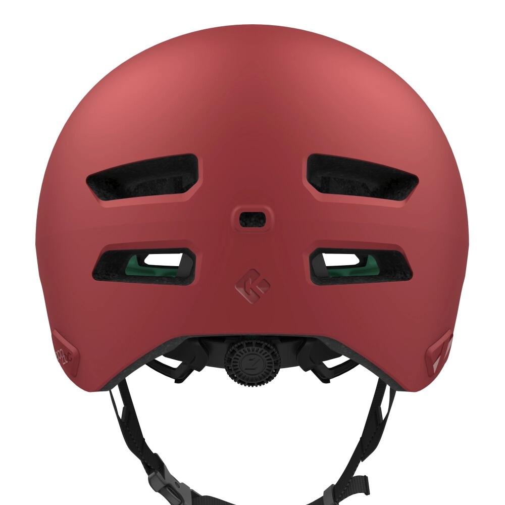 Rückansicht des Lazer Maze Jr KinetiCore Kinderhelms in Matte Ruby Red mit Belüftungsschlitzen und Verstellrad.