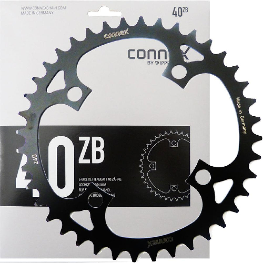 Schwarzes Connex E-Bike Kettenblatt 40 Zähne, 104mm Lochkreis, KTL-beschichtet, passend für Bosch, Shimano, Brose.