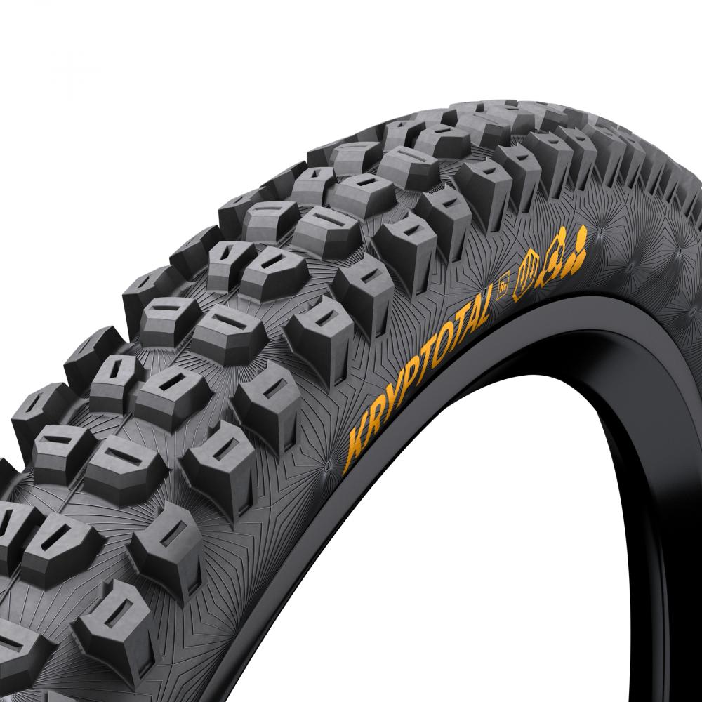 Continental Kryptotal-R DH Gravity MTB Hinterradreifen mit ausgeprägtem Profil und gelbem Schriftzug.