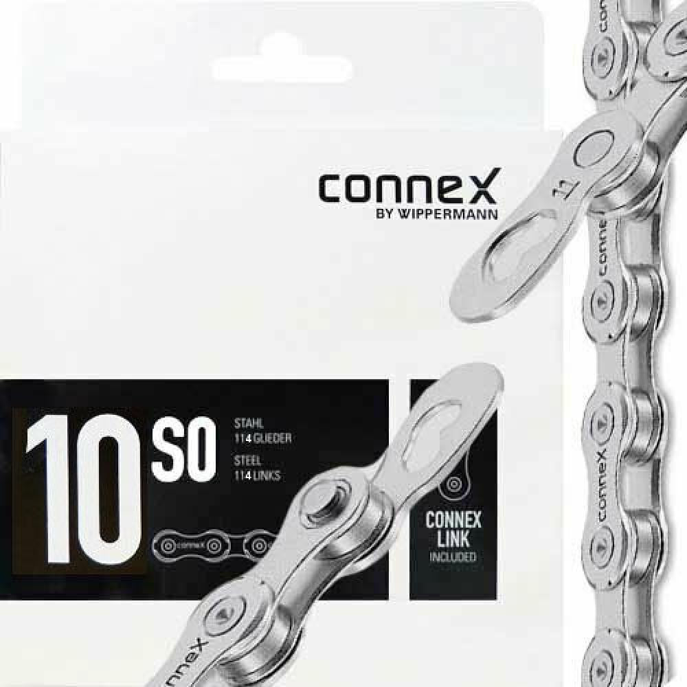 Silberne Connex Wippermann 10S0 10-fach Fahrradkette aus Stahl, 114 Glieder, mit Verpackung und Connex Link.