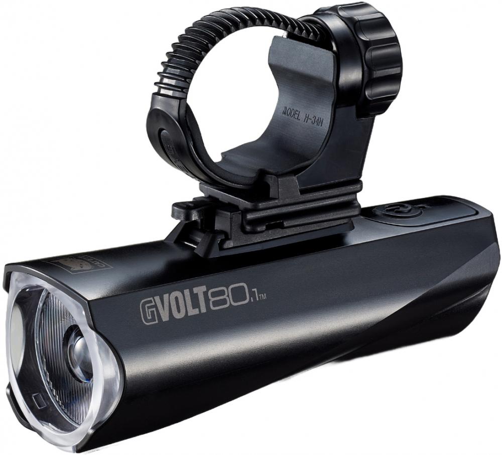 CATEYE GVOLT80.1 HL-EL561GRC 80 Lux kompakte Fahrrad Frontleuchte mit Halterung auf weißem Hintergrund.