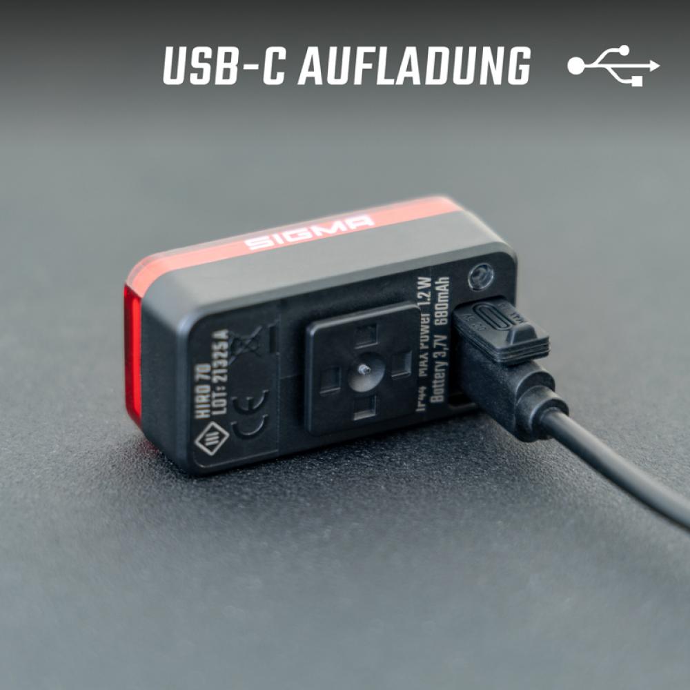 HIRO Sigma Licht HIRO 70 Akku-Rücklicht Schwarz - USB-C - Bremslicht 500m Sichtweite