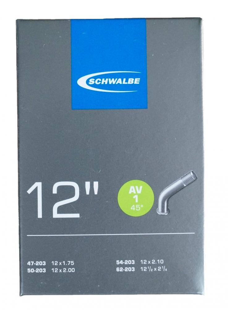 Schwalbe Fahrradschlauch AV1, 12 Zoll, 47/62-203, mit 45° Winkelventil.